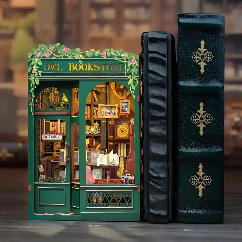 Handcrafted mini wooden dollhouse Owl Bookstore model with realistic furniture and décor